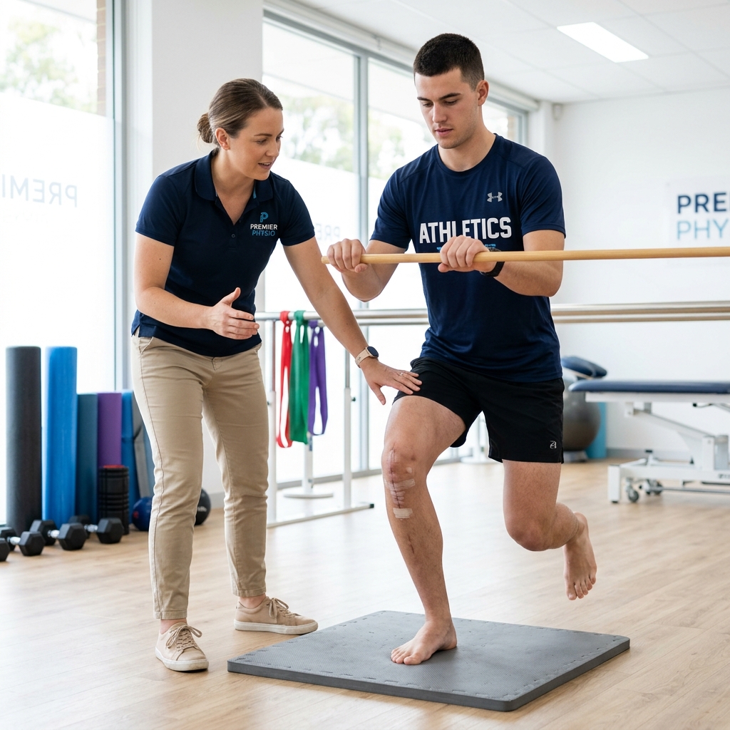 Athlete performing balance and knee stability exercises during ACL physiotherapy rehabilitation