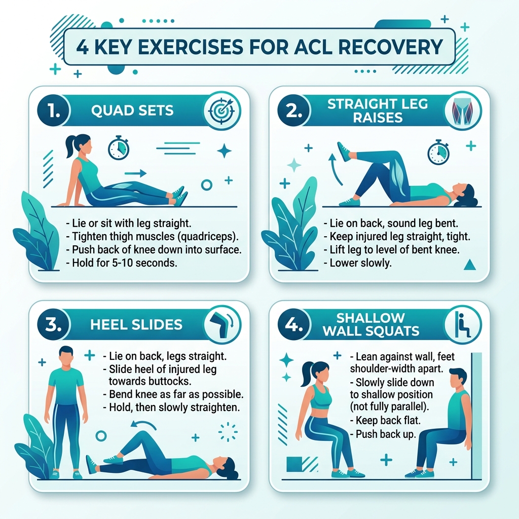 4 Key Exercises for ACL Recovery showing Quad Sets, Straight Leg Raises, Heel Slides, and Wall Squats