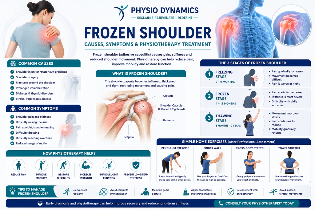Frozen Shoulder Infographic showing causes, symptoms, stages and home exercises