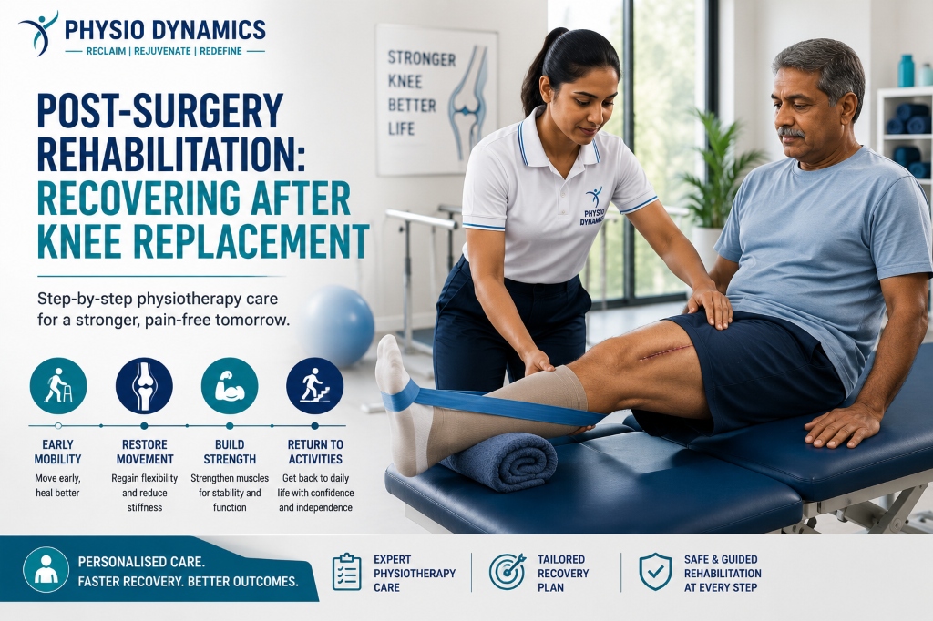 Physiotherapist guiding a patient through post knee replacement exercises at Physio Dynamics Wayanad