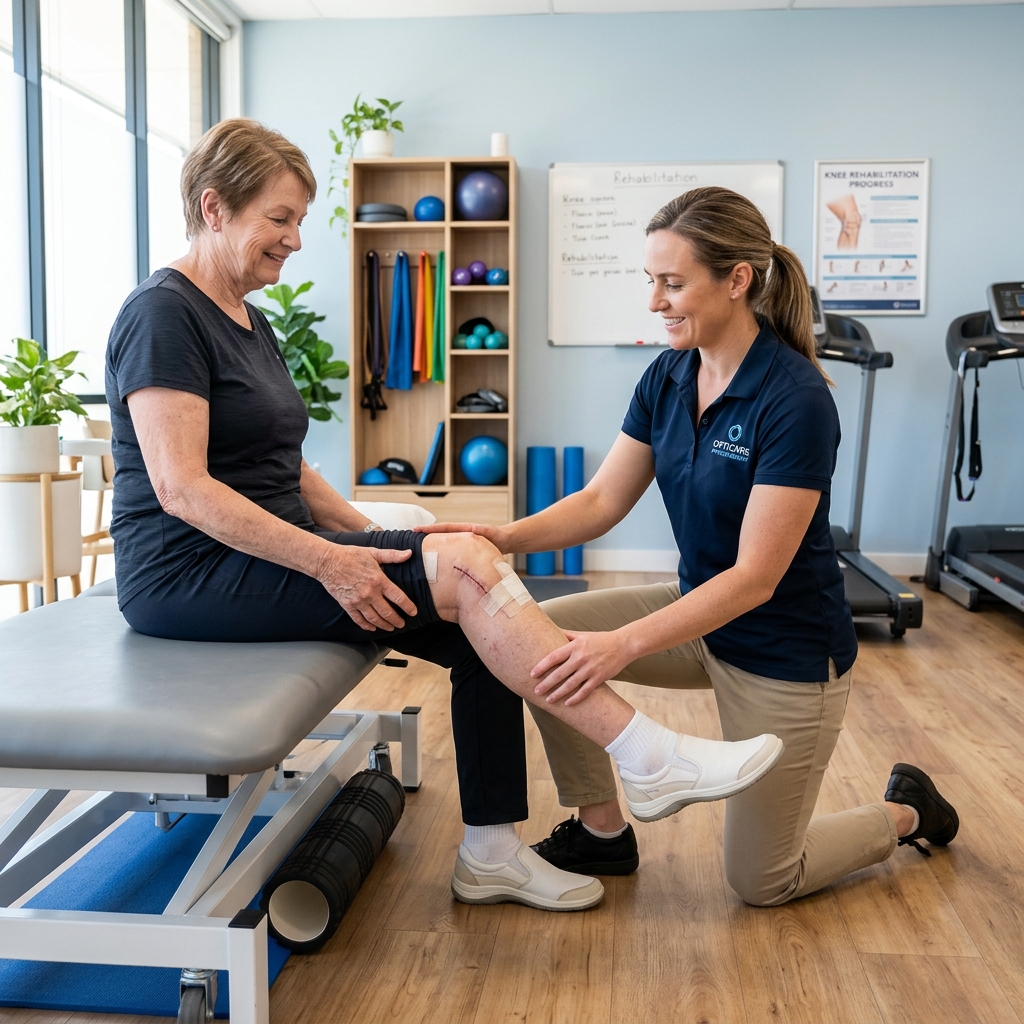 Physiotherapist assisting patient during knee replacement post-surgery rehabilitation at Physio Dynamics Wayanad