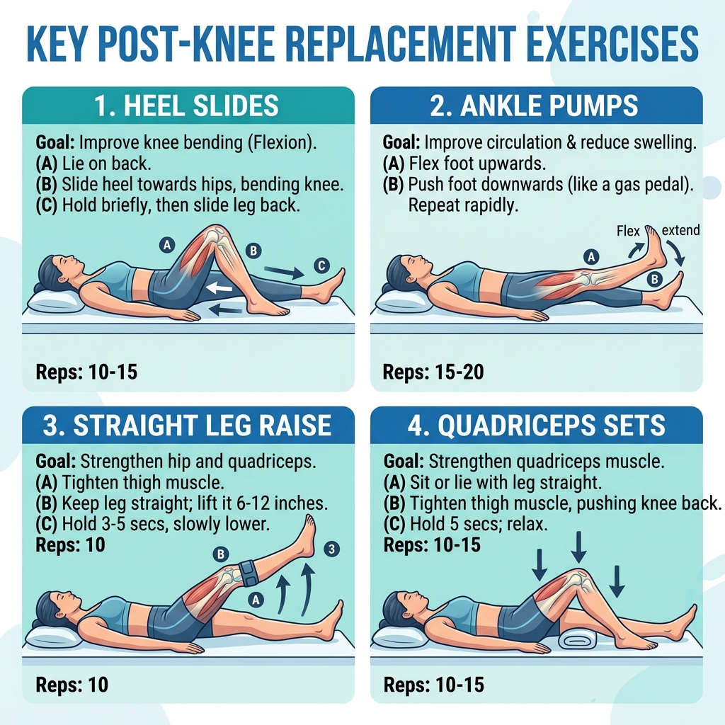 Key Post-Knee Replacement Rehabilitation Exercises Diagram showing Heel Slides, Ankle Pumps, Straight Leg Raise, and Quadriceps Sets