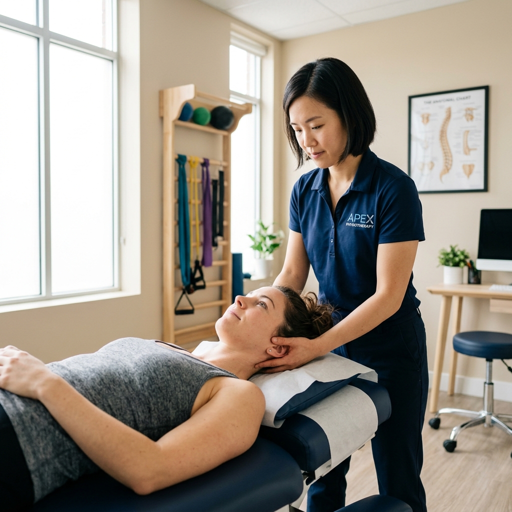 Physiotherapist treating a patient with neck stiffness and cervical spine mobilization