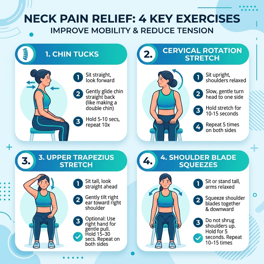 4 Key Exercises for Neck Pain Relief showing Chin Tucks, Cervical Rotation, Upper Trapezius Stretch, and Shoulder Squeezes