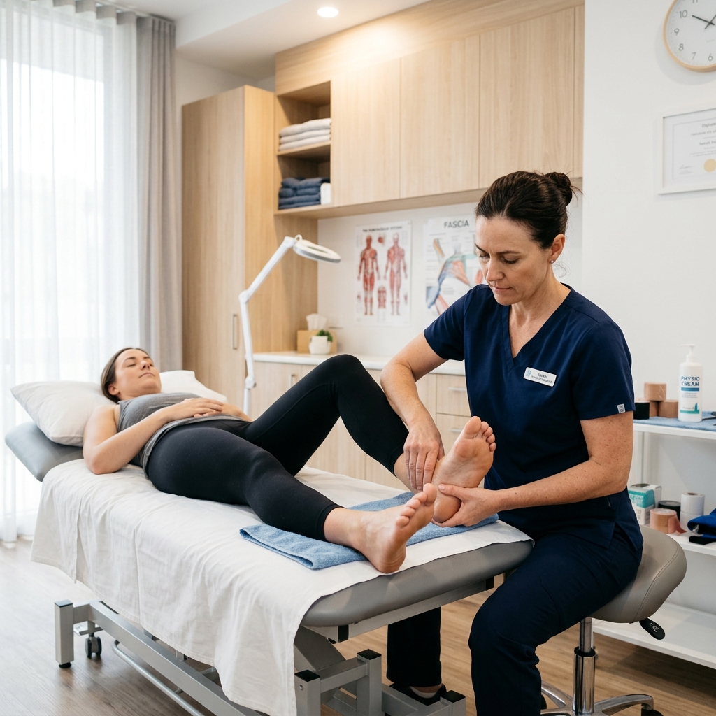 Patient receiving foot manual therapy and plantar fascia massage at Physio Dynamics