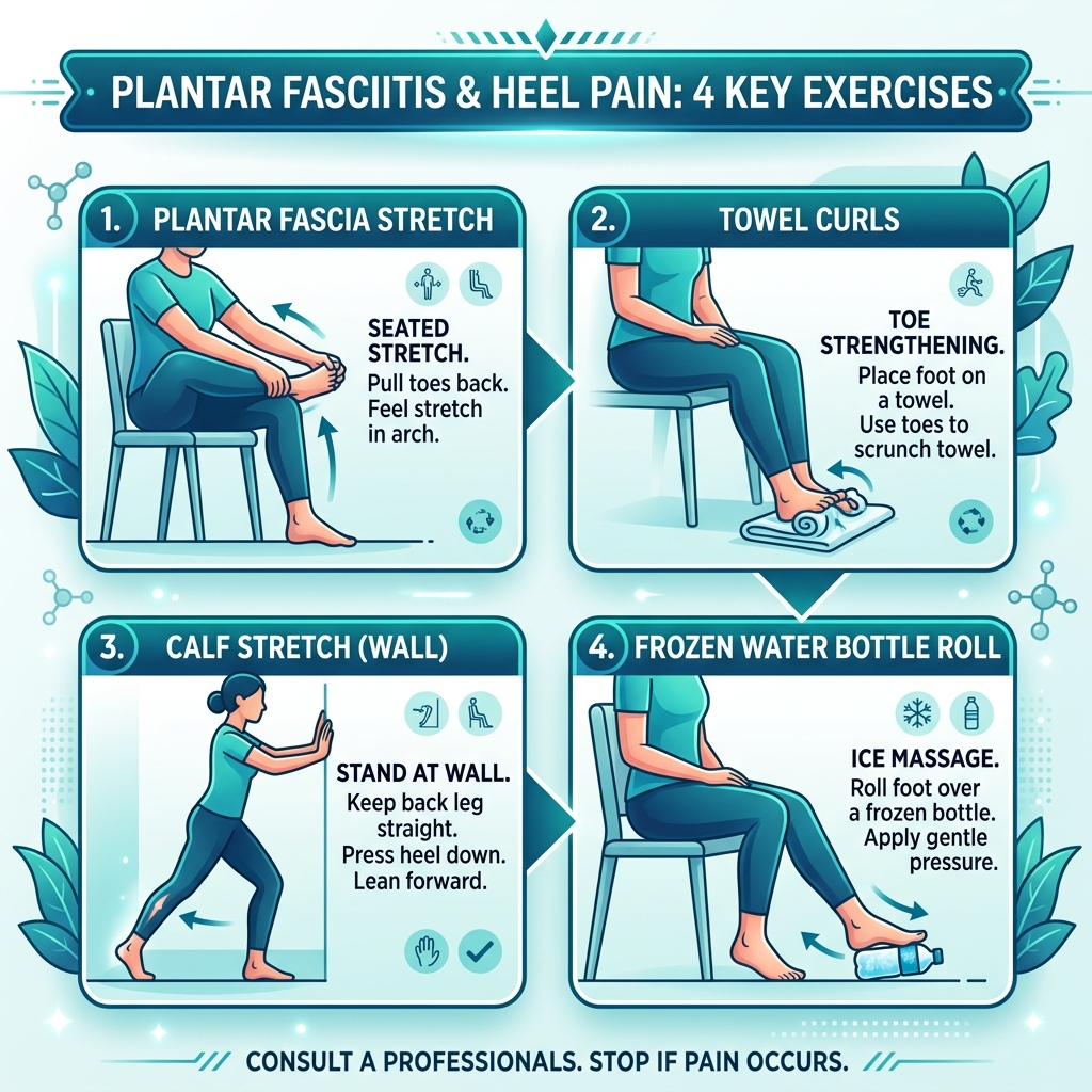 4 Key Exercises for Plantar Fasciitis showing Plantar Fascia Stretch, Towel Curls, Calf Stretch, and Frozen Bottle Roll