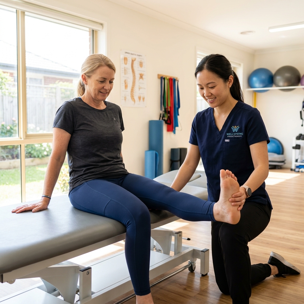 Physiotherapist assisting patient performing sciatica stretching exercises at Physio Dynamics clinic