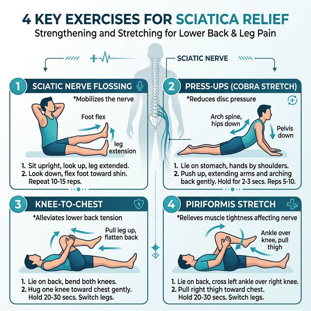 4 Key Exercises for Sciatica Relief showing Sciatic Nerve Flossing, Press-ups, Knee-to-Chest, and Piriformis Stretch