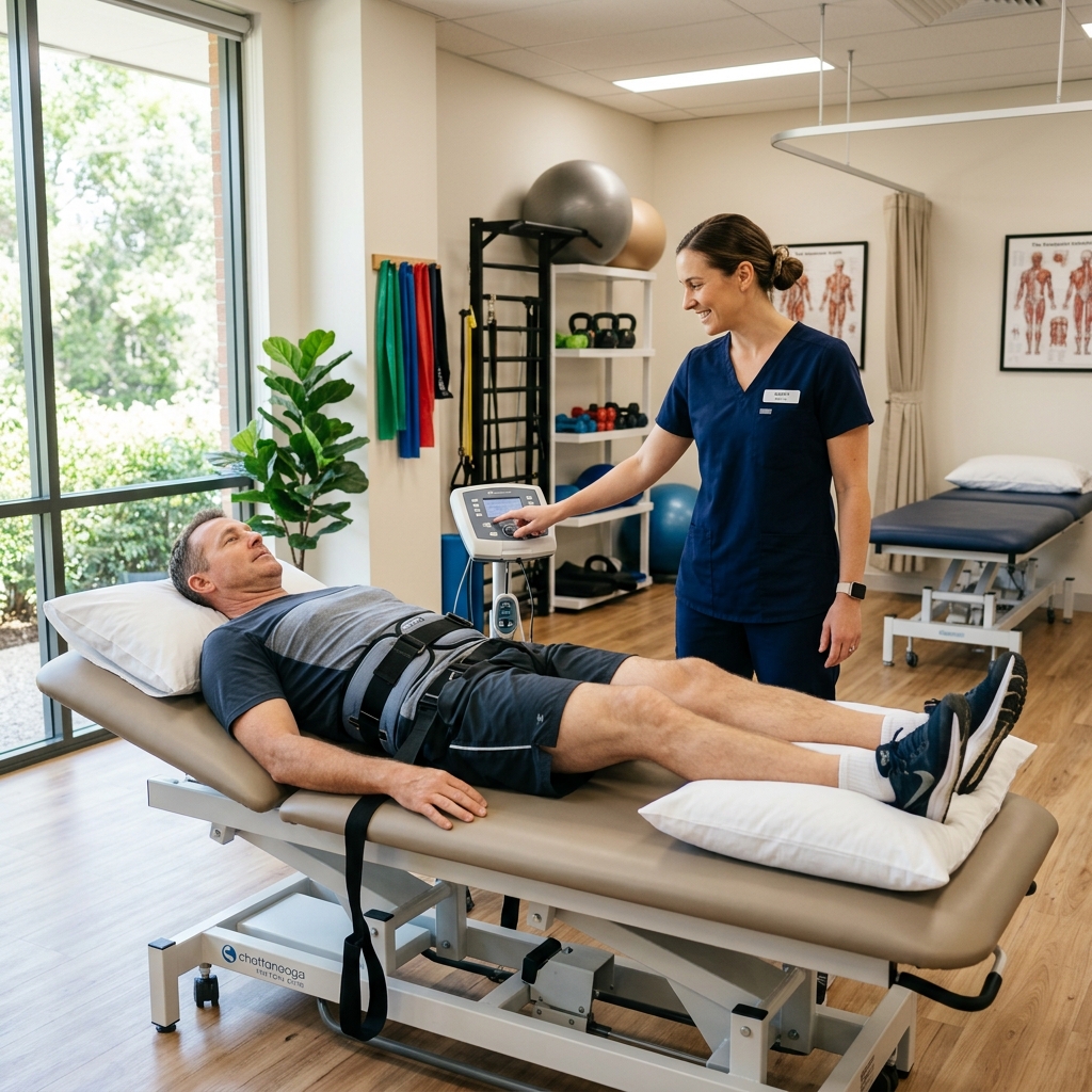 Patient undergoing specialized lower back decompression and mobilization for slip disc treatment
