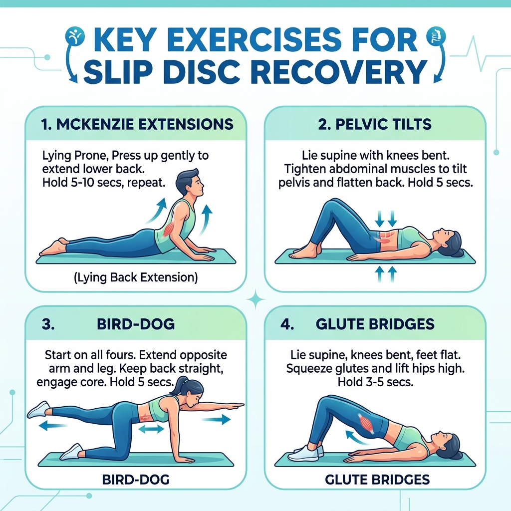 4 Key Exercises for Slip Disc Recovery showing McKenzie Extensions, Pelvic Tilts, Bird-Dog, and Glute Bridges