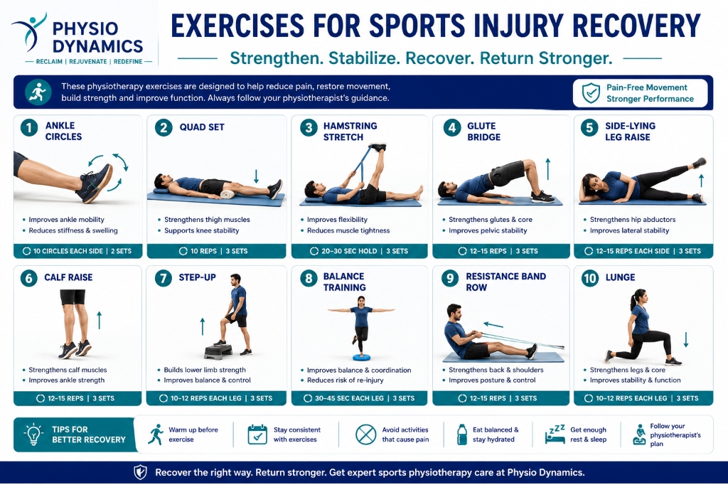 10 Exercises for Sports Injury Recovery - Physio Dynamics Wayanad infographic showing ankle circles, quad sets, hamstring stretch, glute bridge, side-lying leg raise, calf raise, step-up, balance training, resistance band row and lunge