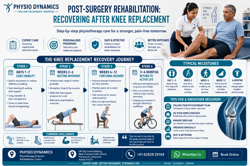 The Knee Replacement Recovery Journey Infographic by Physio Dynamics Wayanad