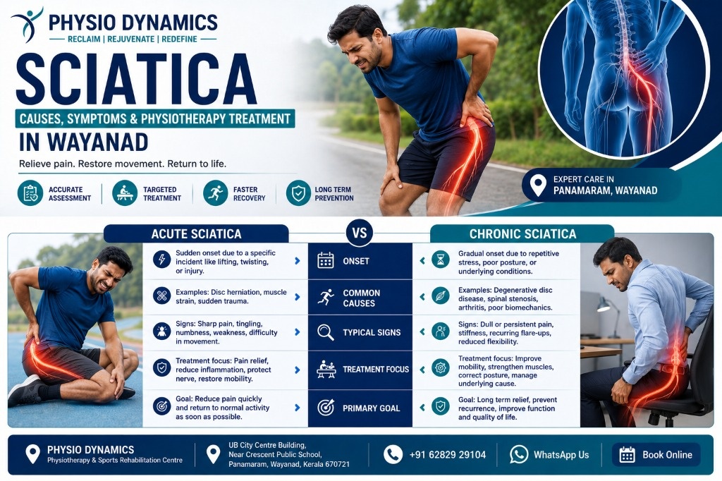 Sciatica symptoms and physiotherapy assessment infographic