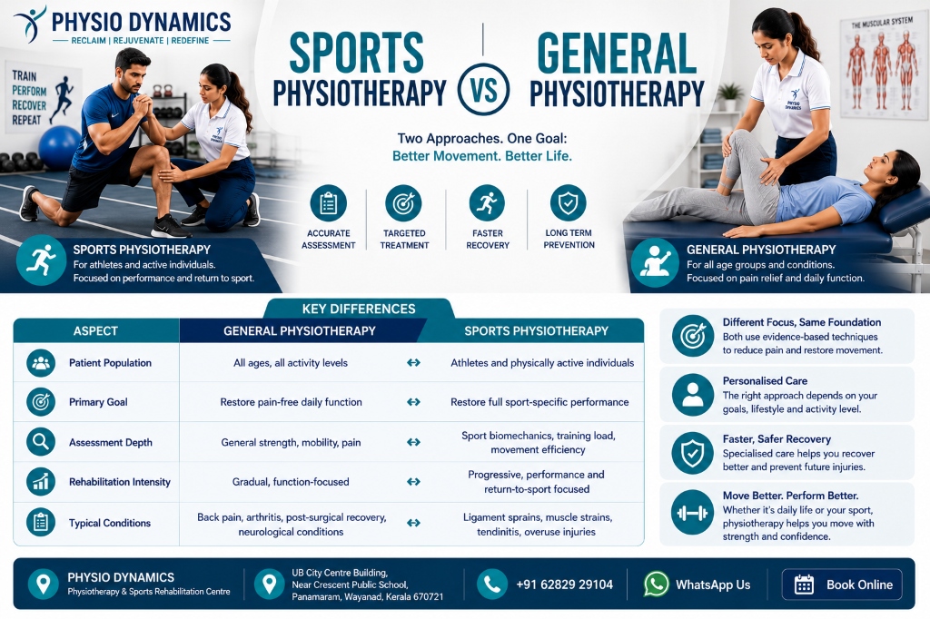 Infographic comparing Sports Physiotherapy and General Physiotherapy